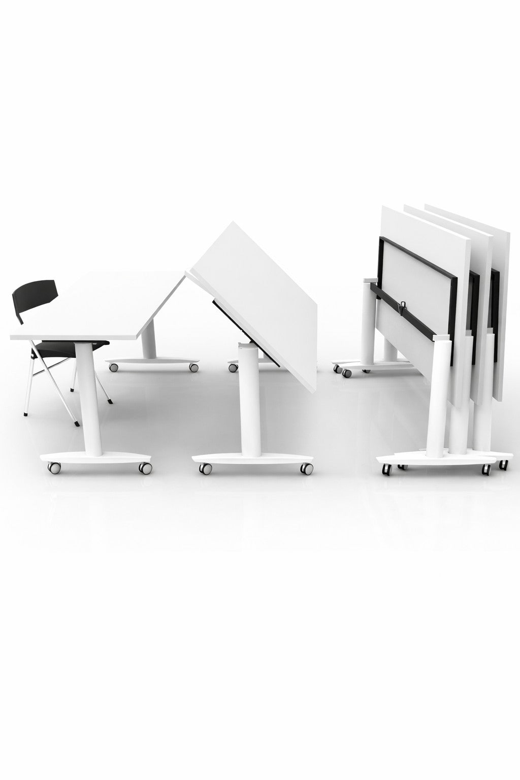 Quatre Tables de Réunion Dandy Mobile et Abattante de Monsieur Bureau, blanches et modulables, sont disposées à plat, inclinées ou imbriquées pour rangement. Une table mobile est associée à une chaise pliante noire sur fond blanc.