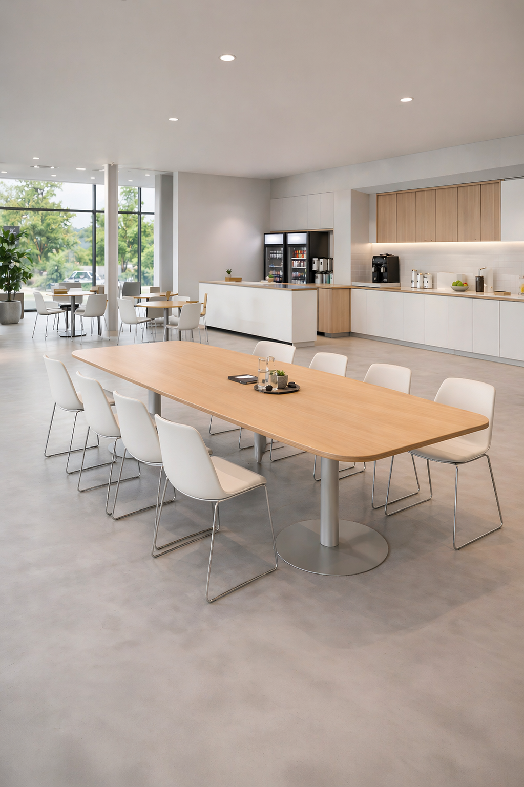 Une cuisine de bureau moderne et lumineuse présente la Table tonneau Conseil - Pieds Tulipes de Monsieur Bureau entourée de chaises blanches. À l'arrière-plan : des armoires, un réfrigérateur, une machine à café et des étagères à vaisselle. De grandes fenêtres inondent l'espace de lumière.