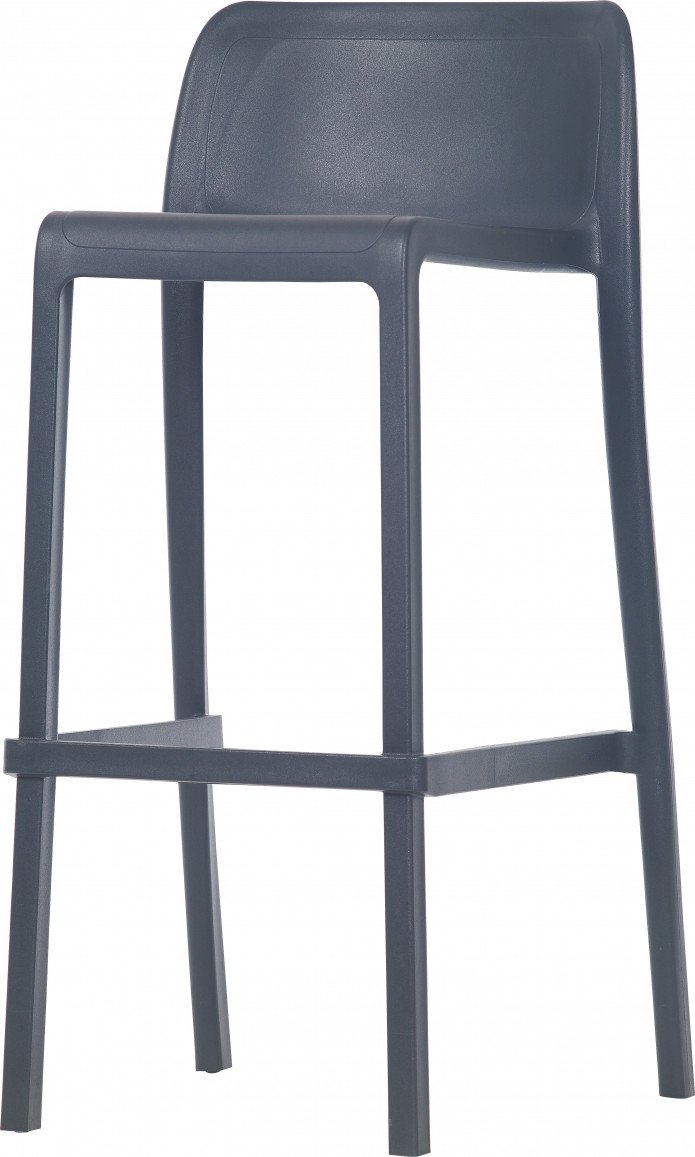 Le Tabouret Haut Leus en Polypropylène Anti-UV de Monsieur Bureau est un tabouret de bar élégant, gris foncé, avec un dossier incurvé, quatre pieds droits et un repose-pieds - idéal pour le mobilier collectif ou comme tabouret de bar extérieur.