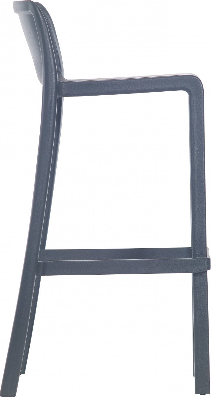 Le Tabouret Haut Leus en Polypropylène Anti-UV de Monsieur Bureau est un tabouret haut moderne et minimaliste avec une structure solide et foncée, un dossier droit et quatre pieds élancés, présenté de profil sur un fond blanc.