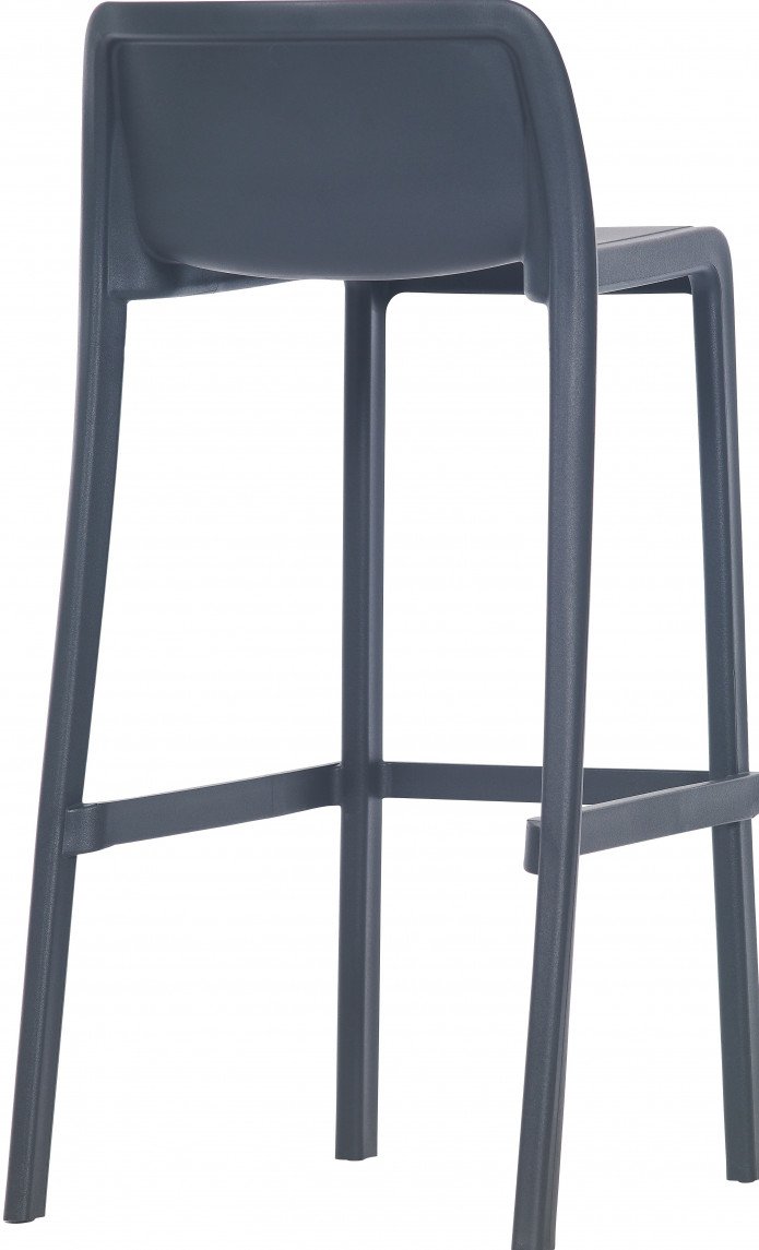 Le Tabouret Haut Leus en Polypropylène Anti-UV de Monsieur Bureau est un tabouret professionnel moderne et minimaliste de couleur gris foncé avec un dossier rectangulaire et quatre pieds droits - idéal pour le mobilier collectif.