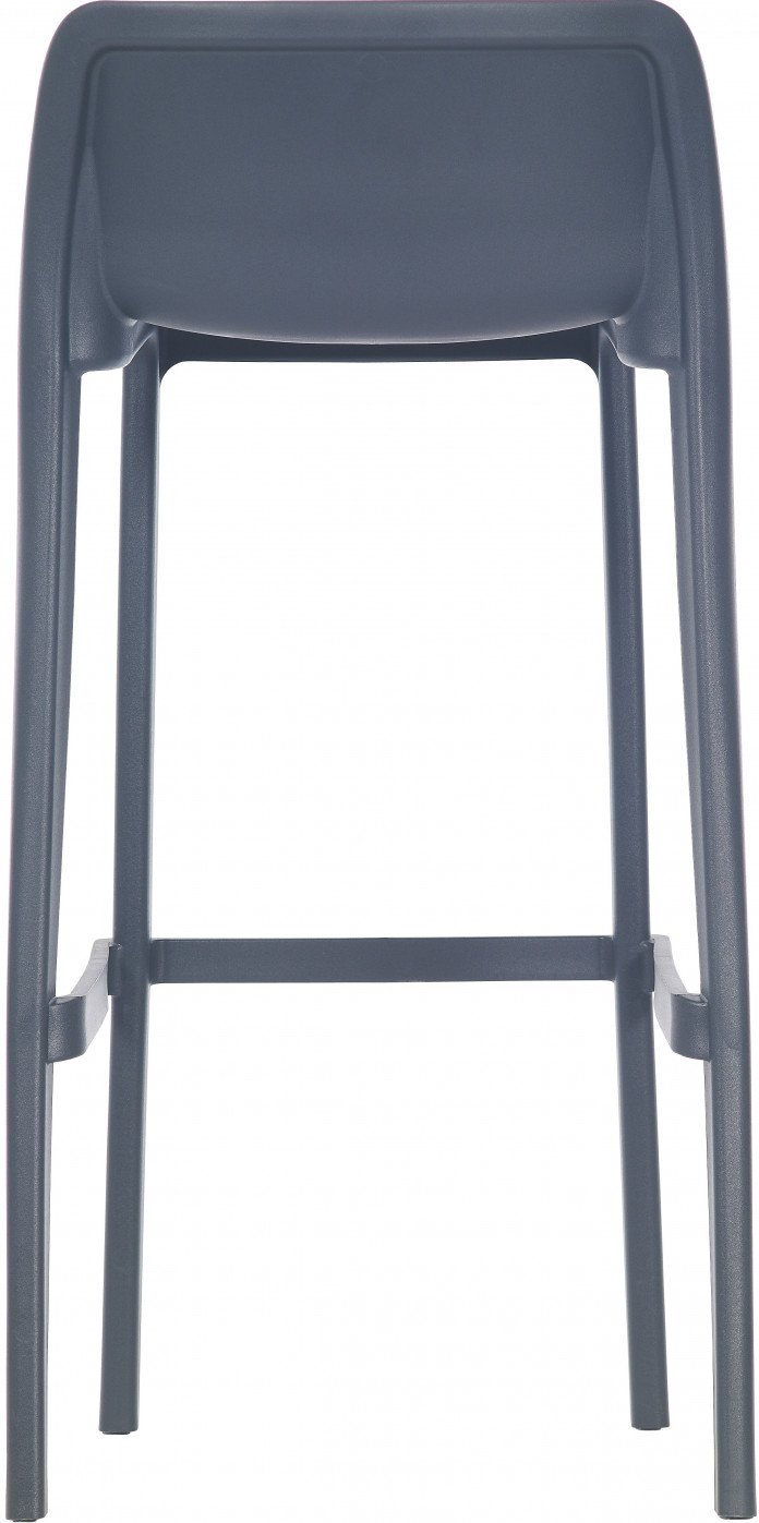 Le Tabouret Haut Leus en Polypropylène Anti-UV de Monsieur Bureau est un tabouret de bar d'extérieur haut et moderne en gris foncé avec un dossier solide et un design minimaliste, avec quatre pieds droits reliés par des supports horizontaux.