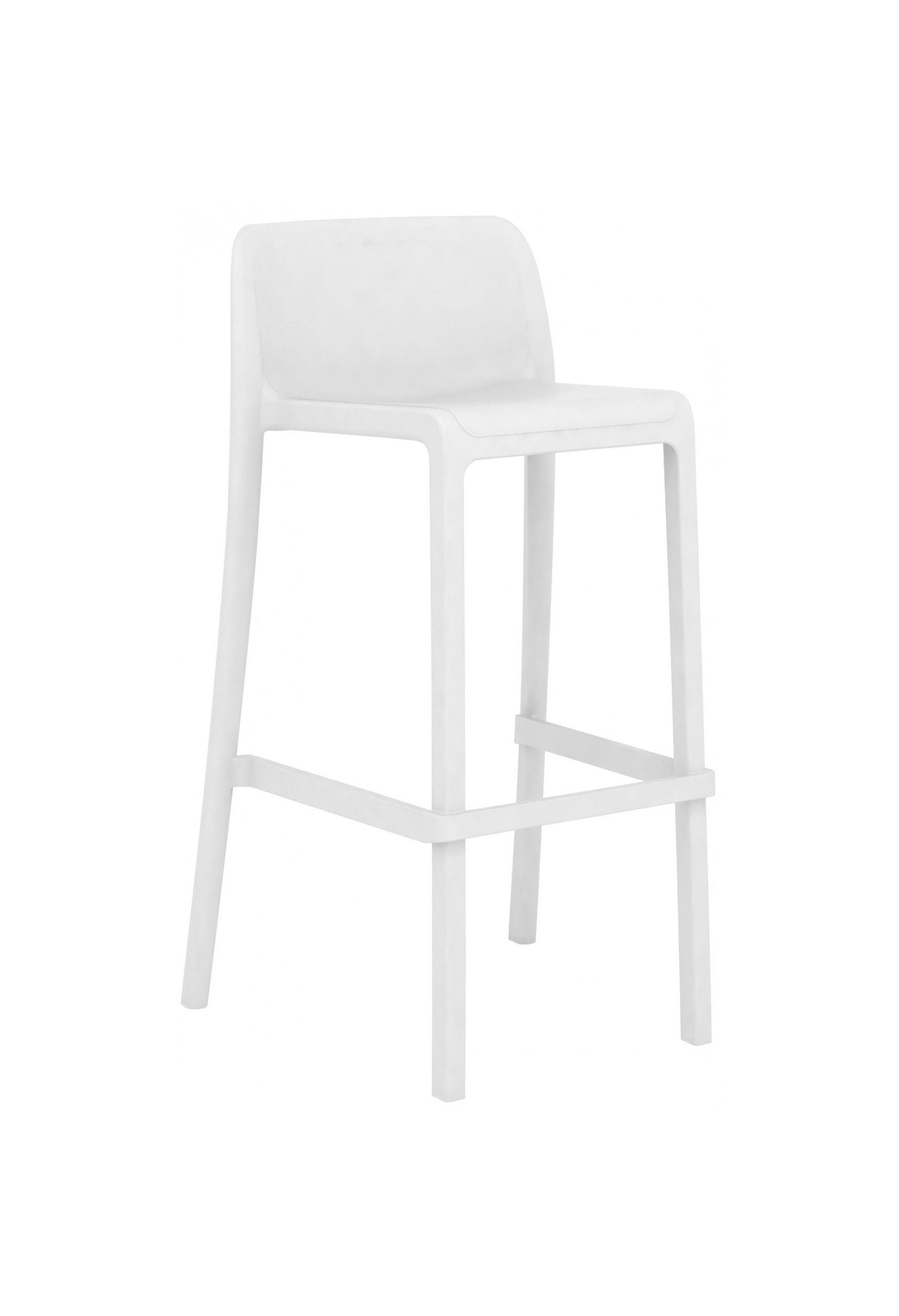 Le Tabouret Haut Leus en Polypropylène Anti-UV de Monsieur Bureau est un tabouret haut professionnel blanc moderne avec un dossier bas, une assise carrée et quatre pieds droits reliés par des barres de soutien - idéal pour tout espace mobilier collectivité.