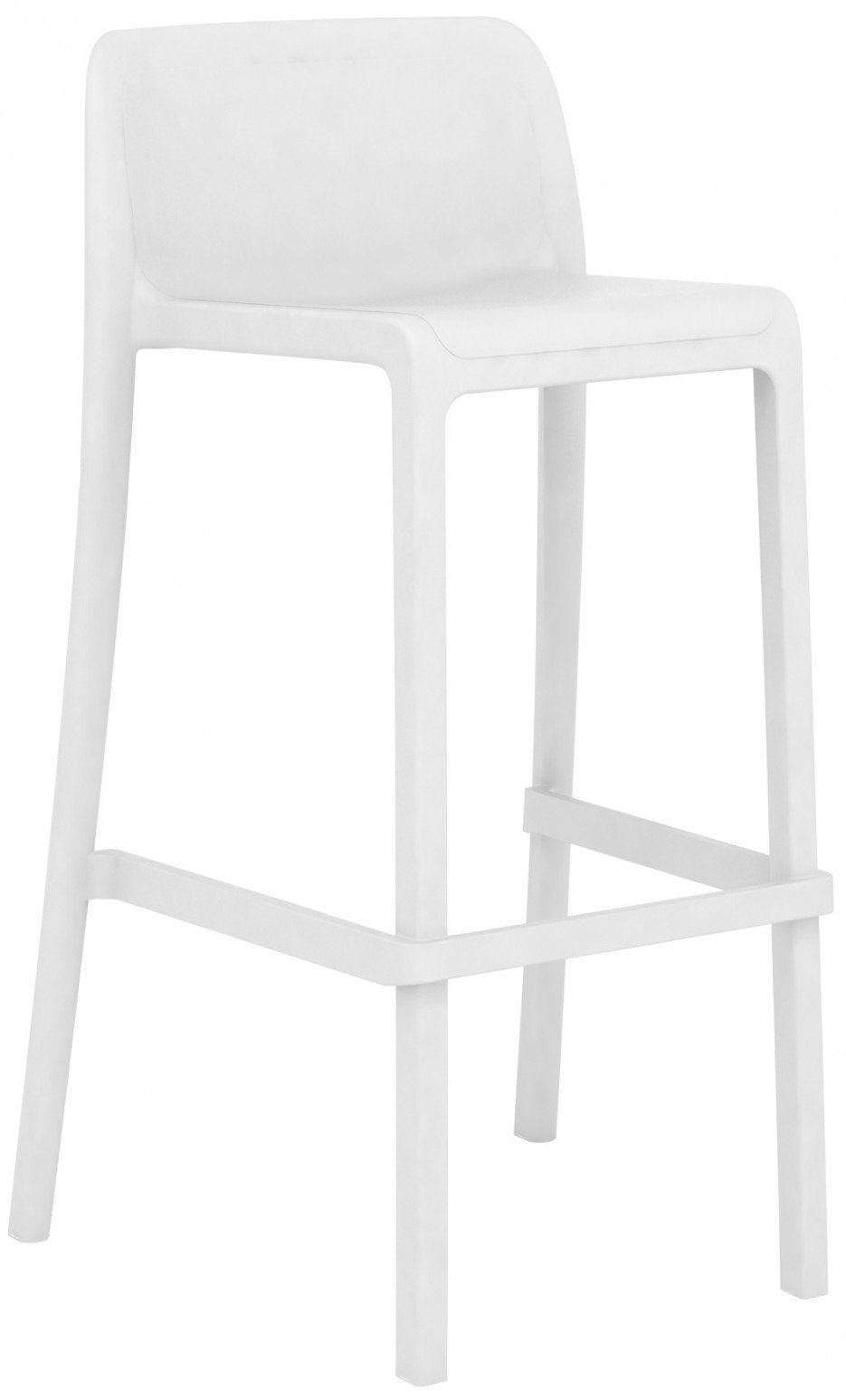 Le Tabouret Haut Leus en Polypropylène Anti-UV de Monsieur Bureau est un tabouret professionnel blanc moderne avec un dossier incurvé, des pieds droits, une assise carrée et un repose-pieds horizontal pour un soutien supplémentaire.#finitions_blanc