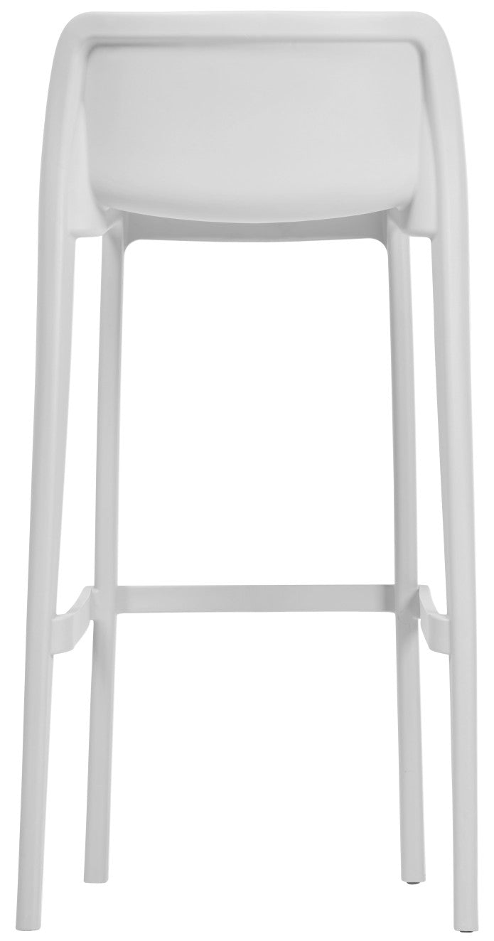 Le Tabouret Haut Leus en Polypropylène Anti-UV de Monsieur Bureau est un tabouret de bar blanc et moderne avec un dossier simple - parfait comme mobilier collectif ou tabouret haut professionnel pour les espaces contemporains.