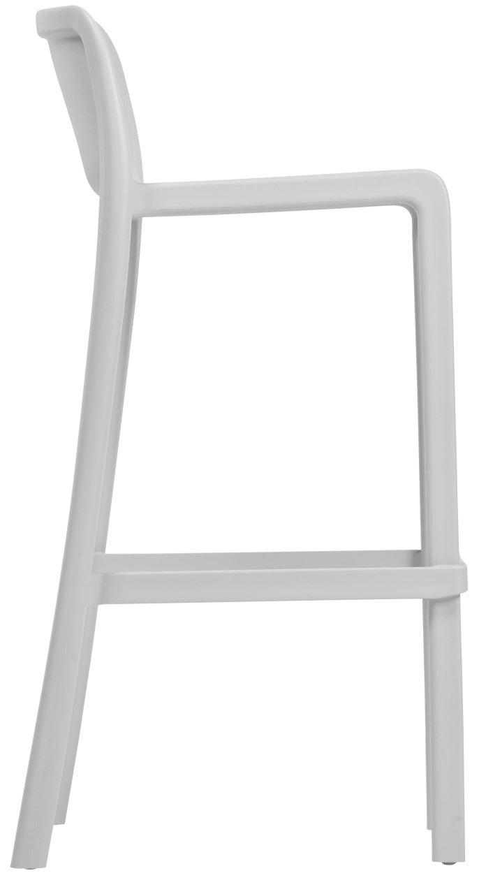 Vue de côté du Tabouret Haut Leus en Polypropylène Anti-UV de Monsieur Bureau, un tabouret professionnel moderne blanc avec un dossier incurvé et des pieds droits, photographié sur fond blanc - parfait mobilier collectivité pour les espaces contemporains.