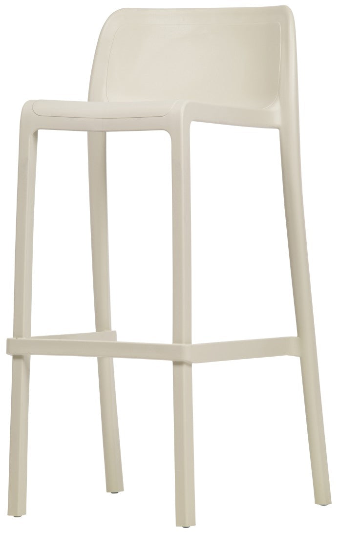 Le Tabouret Haut Leus en Polypropylène Anti-UV de Monsieur Bureau est un tabouret de bar blanc, haut et moderne, doté d'un dossier incurvé, d'une assise plate et de quatre pieds droits avec repose-pieds. Son design minimaliste est idéal pour le mobilier collectif.