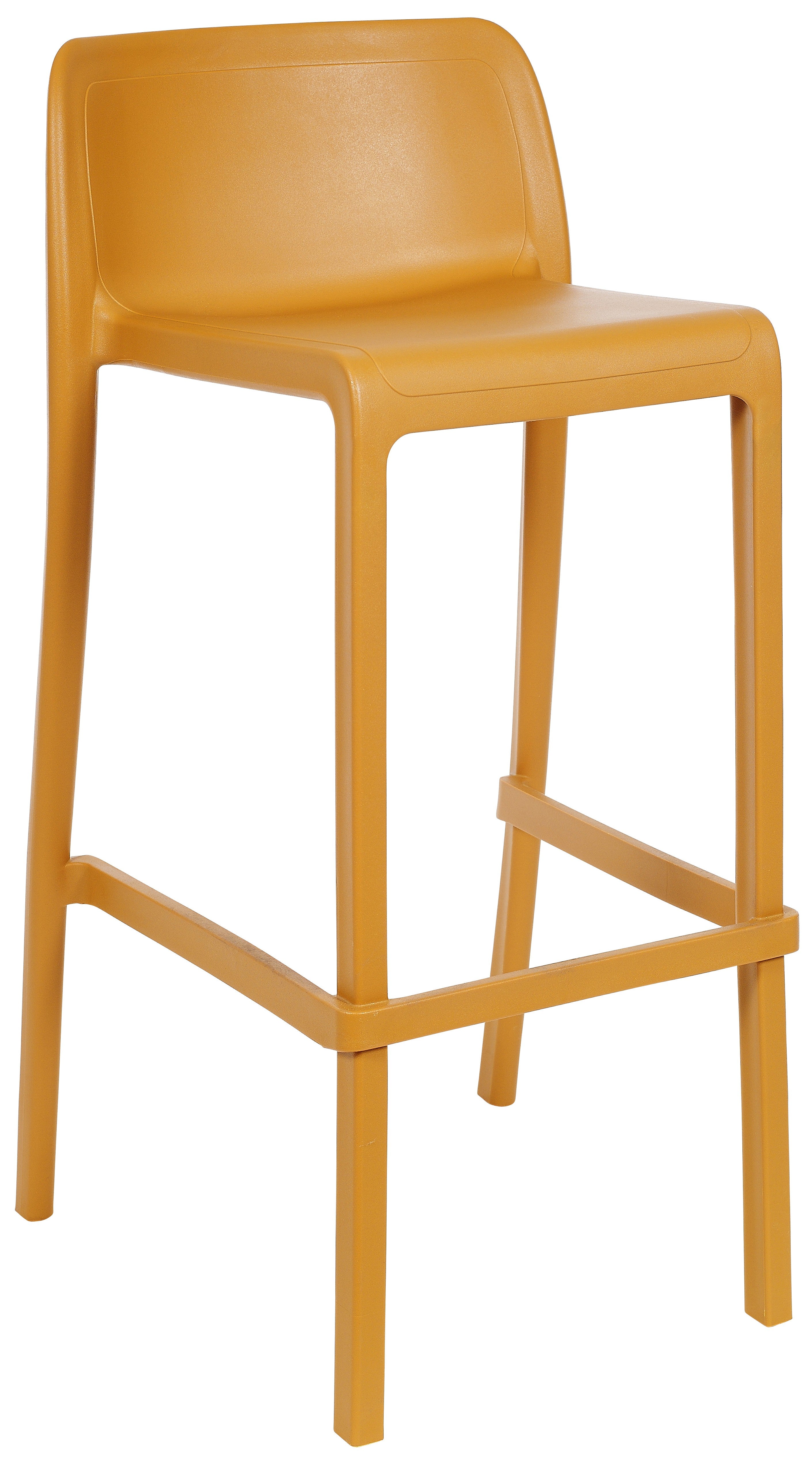 Le Tabouret Haut Leus en Polypropylène Anti-UV de Monsieur Bureau est un tabouret de bar d'extérieur jaune moderne avec un dossier bas, une assise carrée et des pieds droits avec repose-pieds, idéal pour les collectivités et fabriqué en plastique durable.#finitions_moutarde