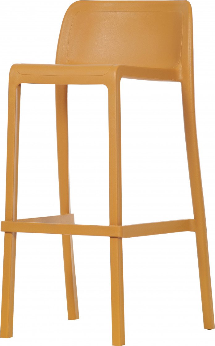 Le Tabouret Haut Leus en Polypropylène Anti-UV de Monsieur Bureau est un tabouret haut moderne de couleur jaune moutarde avec un dossier incurvé et quatre pieds droits. C'est le mobilier collectif idéal pour ajouter du style à n'importe quel espace.