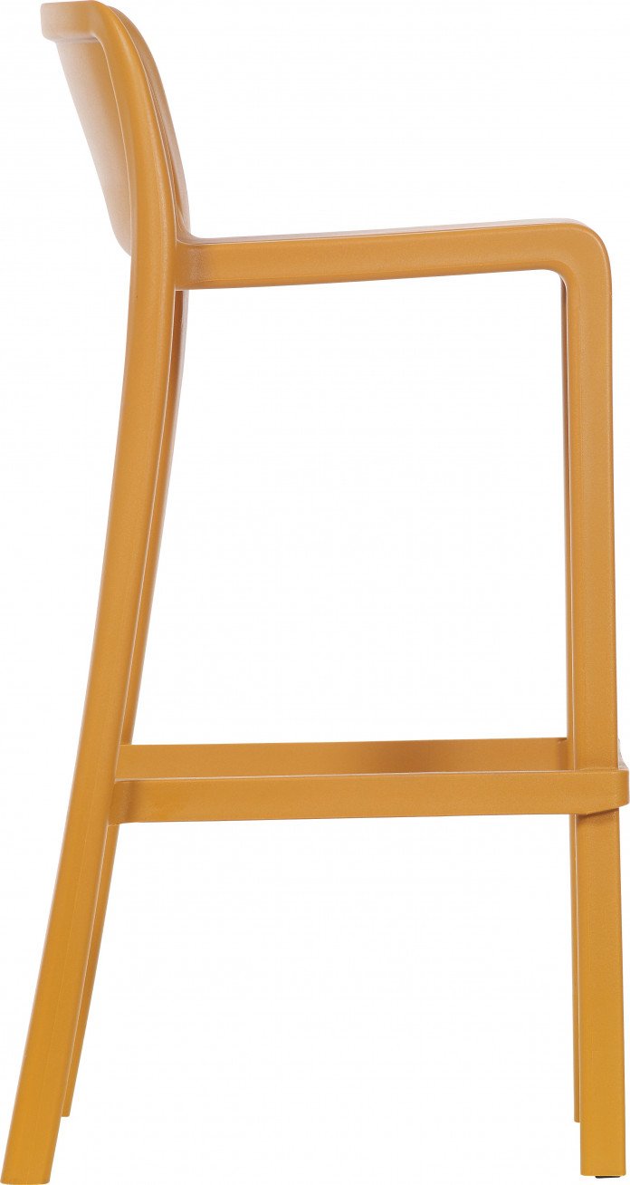 Vue de côté du Tabouret Haut Leus en Polypropylène Anti-UV de Monsieur Bureau en jaune moutarde, avec un dossier incurvé, des pieds droits et un repose-pieds - parfait pour un usage mobilier collectivité ou professionnel.