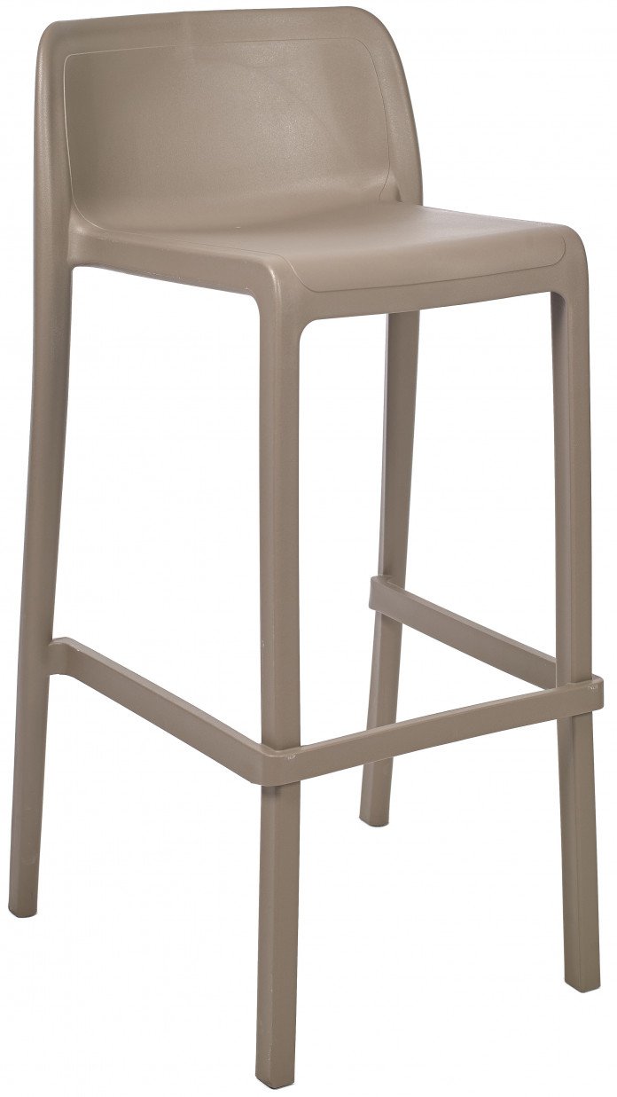 Le Tabouret Haut Leus en Polypropylène Anti-UV de Monsieur Bureau est un tabouret de bar moderne de couleur taupe avec un dossier bas, une assise carrée et un repose-pieds intégré, idéal pour les espaces professionnels et le mobilier collectif.#finitions_taupe