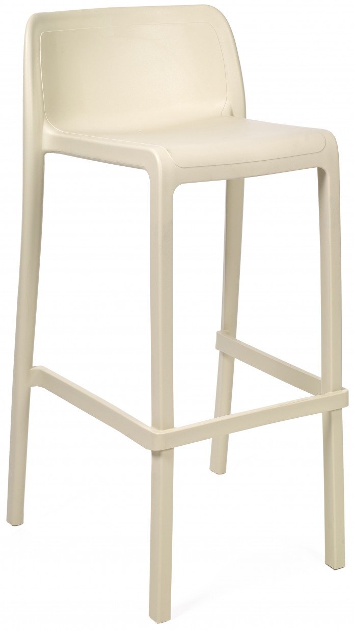 Le Tabouret Haut Leus en Polypropylène Anti-UV de Monsieur Bureau est un tabouret moderne et minimaliste avec un siège rectangulaire, un dossier bas et des pieds robustes - parfait pour un mobilier collectif dans n'importe quel espace.#finitions_sable
