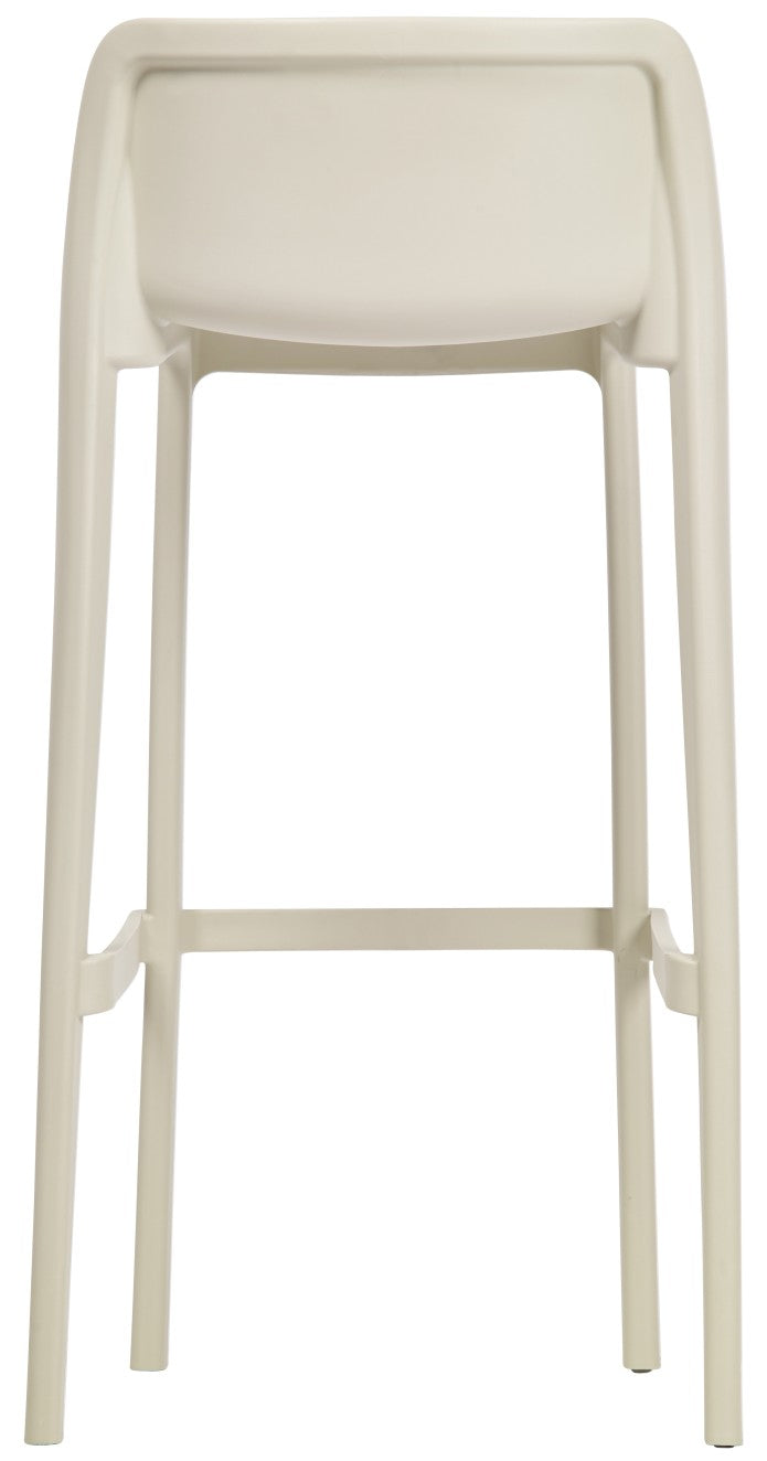 Le Tabouret Haut Leus en Polypropylène Anti-UV de Monsieur Bureau est un tabouret haut, blanc et moderne avec un dossier solide et quatre pieds droits, présenté de dos sur un fond blanc uni.