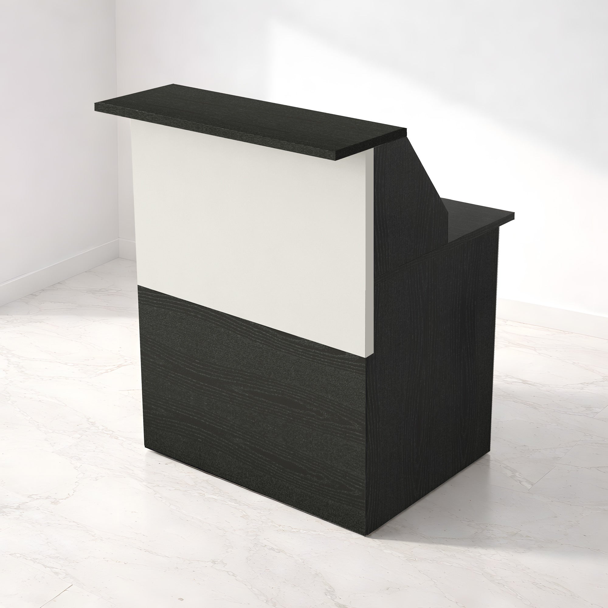 La Banque d'accueil Professionnelle Muse à composer de Monsieur Bureau présente un design compact et moderne avec une finition en bois foncé et une façade blanche, posée sur un sol en marbre blanc dans une pièce minimaliste aux murs blancs.#combo_frene noir_blanc_meublehaut