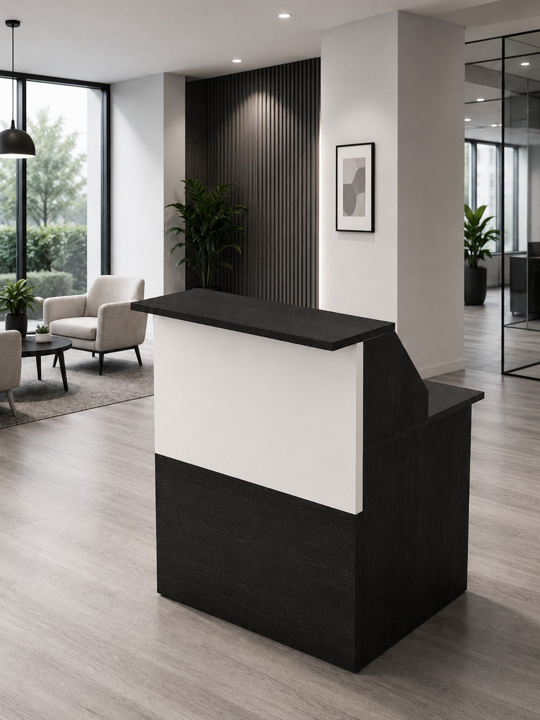 La Banque d'accueil Professionnelle Muse à composer de Monsieur Bureau présente un design compact et moderne avec une finition en bois foncé et une façade blanche, posée sur un sol en marbre blanc dans une pièce minimaliste aux murs blancs.#combo_frene noir_blanc_meublehaut
