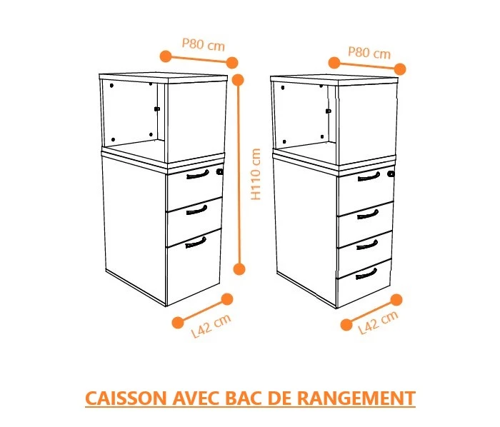 Caisson hauteur bureau profondeur 80 cm avec ou sans top box