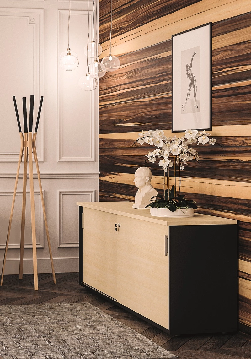 Cr&eacute;dence de bureau &agrave; portes coulissantes - Meuble de service professionnel en bois