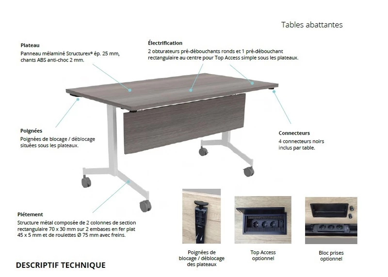 Table abattante Quick Moove sur roulettes Prof 70 et 80 cm
