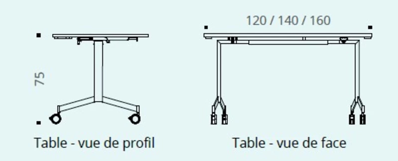 Table abattante Quick Moove sur roulettes Prof 70 et 80 cm